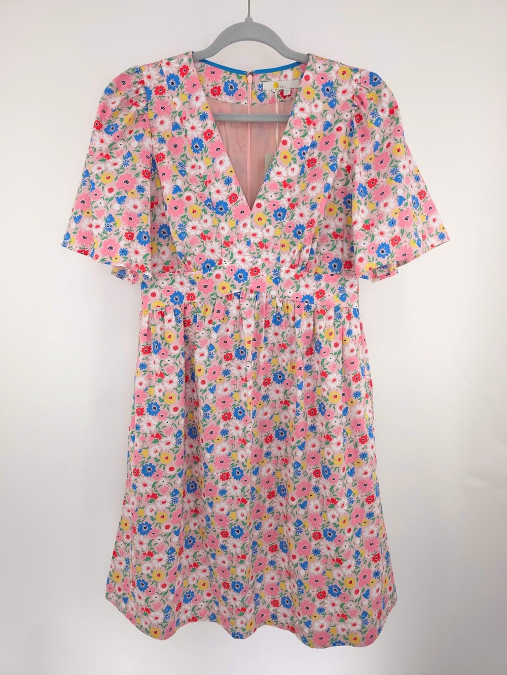 Boden Pink Floral V-Neck Dress Size 6L 6 Long Short Puff Sleeve NWT